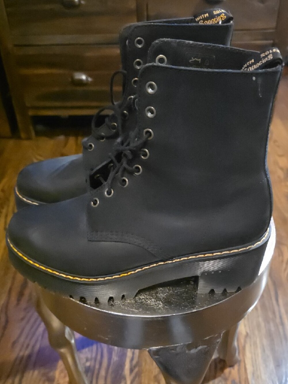 Dr. Martens Black Lace-Up Platform Boots with Yellow Stitching - Picture 2 of 4